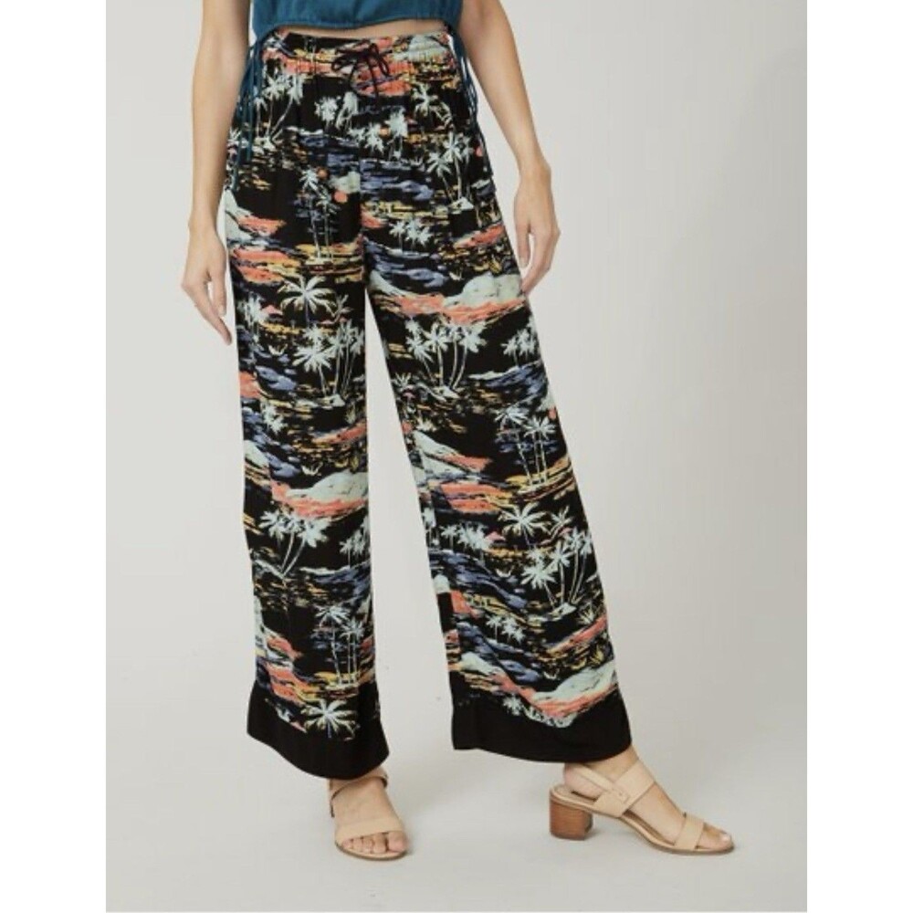Free People Blue Lagoon Palazzo Pants Size L Tropical Print Viscose Wide Leg